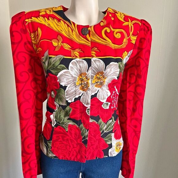 VINTAGE 80's Melissa Puff Shoulder Floral Baroque Print Statement Blazer top - Picture 1 of 12